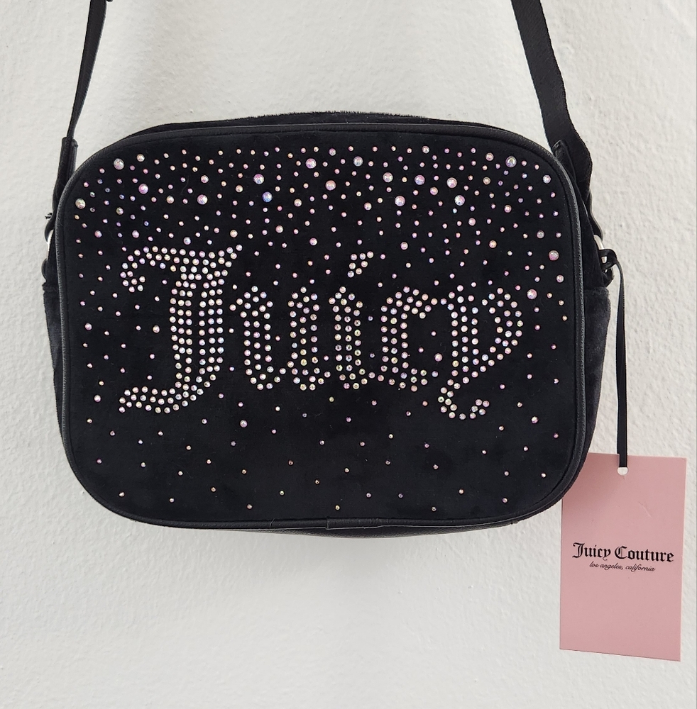 Juicy Couture Black "Let It Shine" Velvet Rhinestone Encrusted Crossbody Bag - Picture 4 of 17